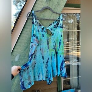 Sleeveless Tie-Dye Romper With Keyhole Back - Blue and Green